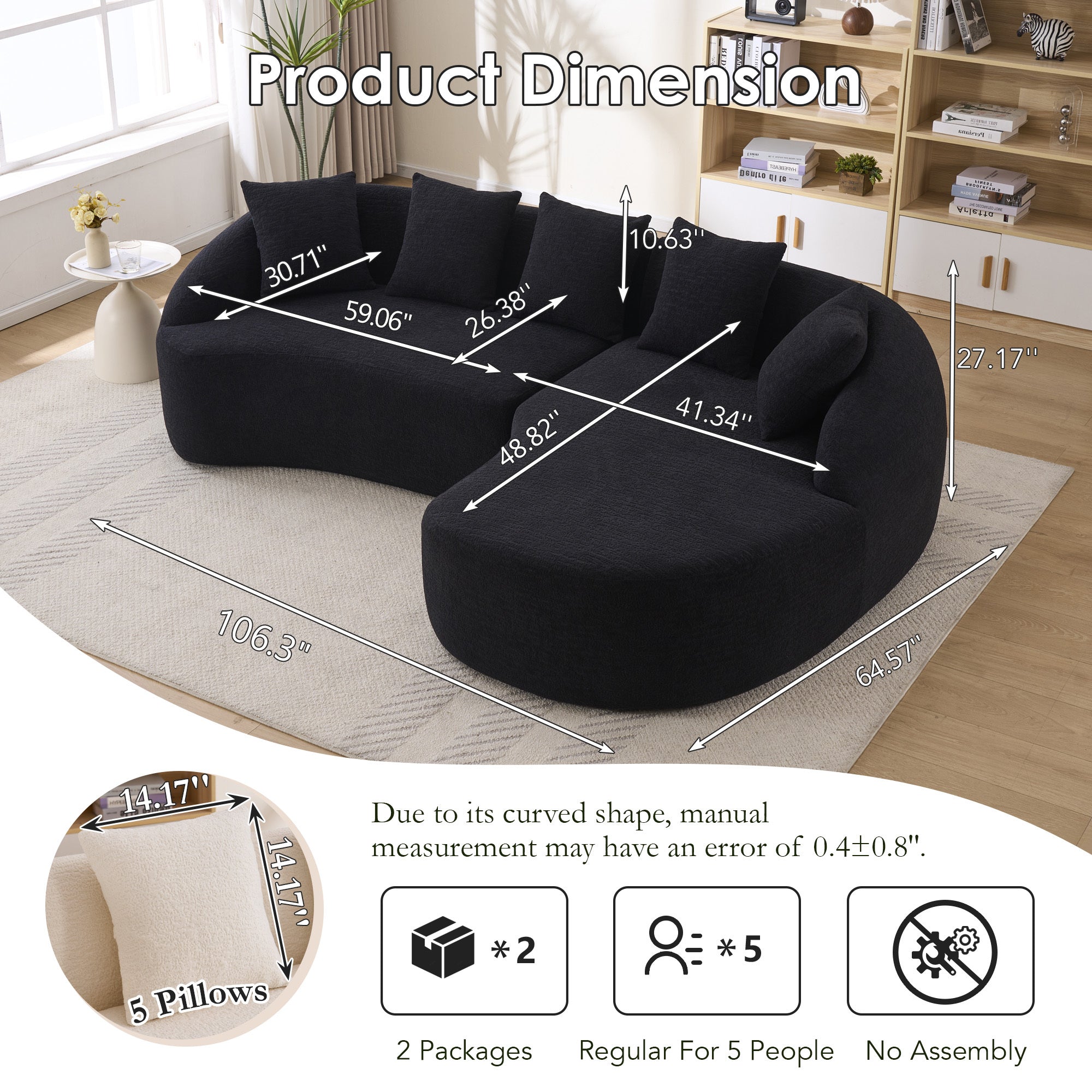 Sectional Sofa L-Shape Curved Chaise Chenille Black 5 Seat 106 In