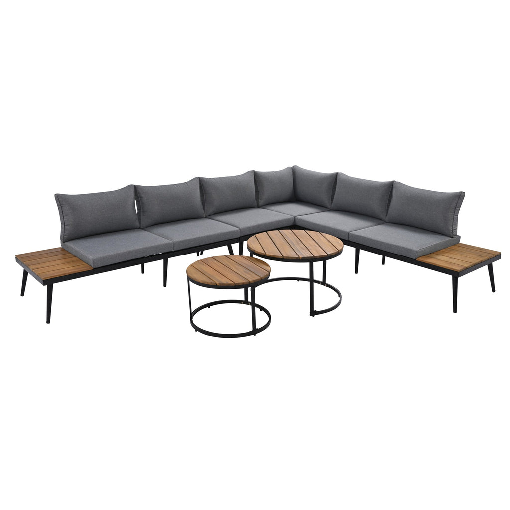 Outdoor Sectional Set Acacia Wood Steel Gray with Nesting Tables