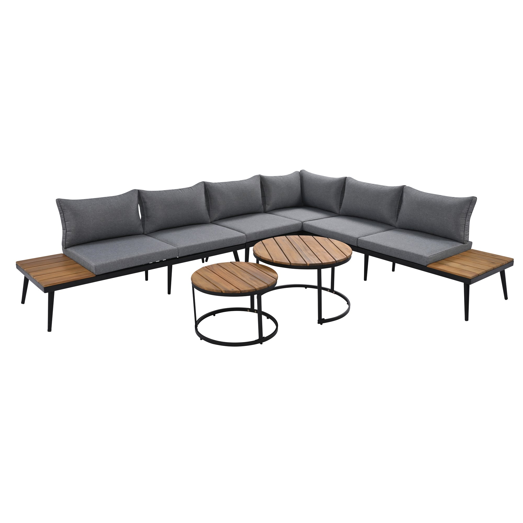 Outdoor Sectional Set Acacia Wood Steel Gray with Nesting Tables