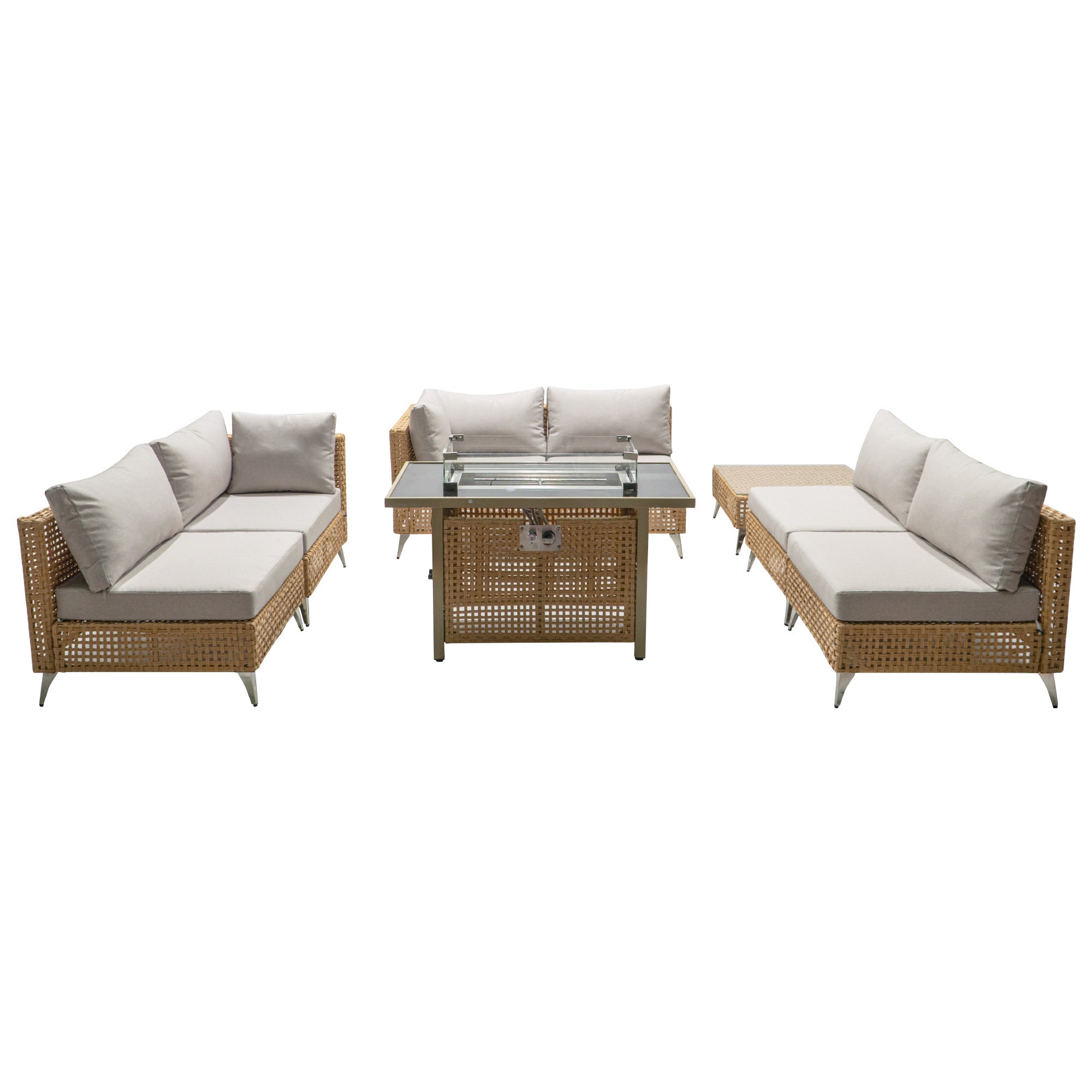 Outdoor Patio Set with Fire Pit Table Rattan Metal Beige 8 Piece