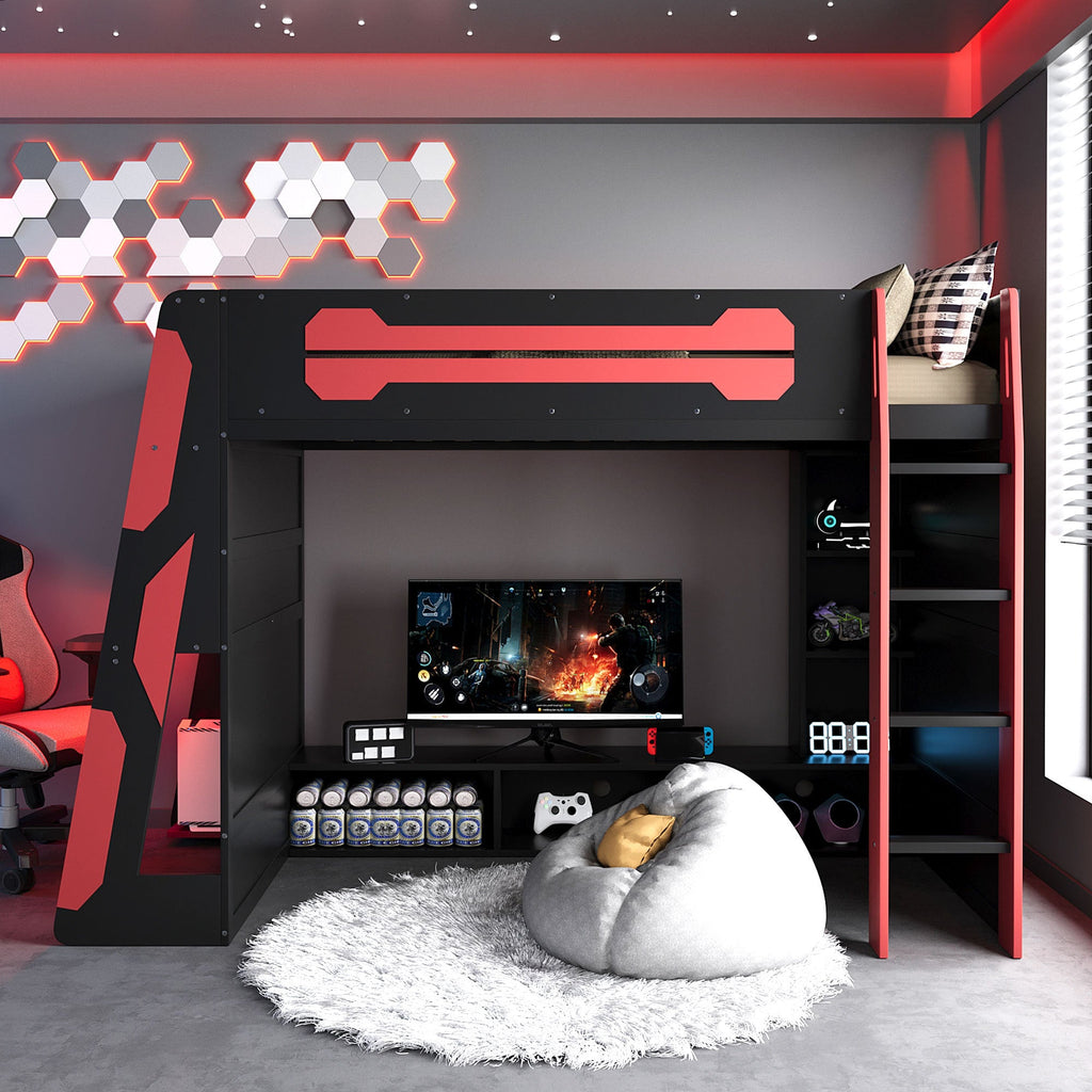 Twin Size Wood Loft Bed with Desk, Multi-storage Shelves and RGB Light, Red