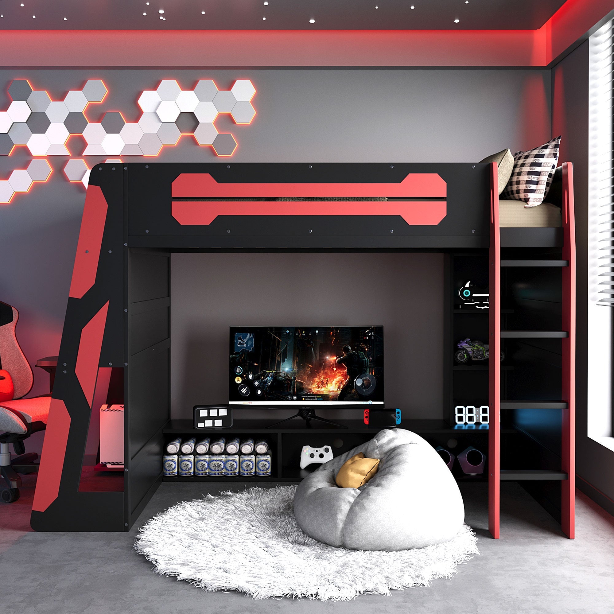 Twin Size Wood Loft Bed with Desk, Multi-storage Shelves and RGB Light, Red