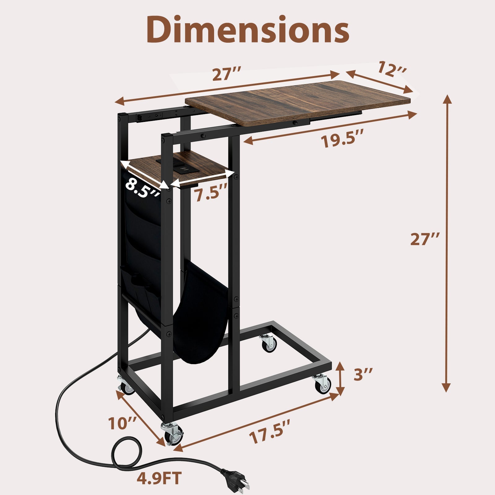 C-shaped End Table with Charging Station and Retractable Tabletop-Coffee