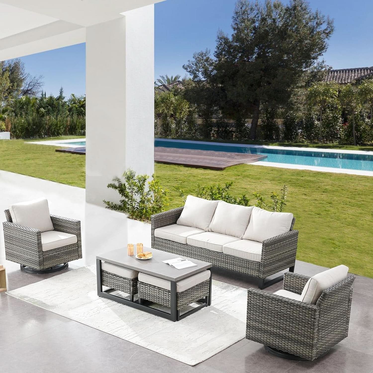 Oversize Outdoor Wicker Patio Sofa Set With Swivel Chairs