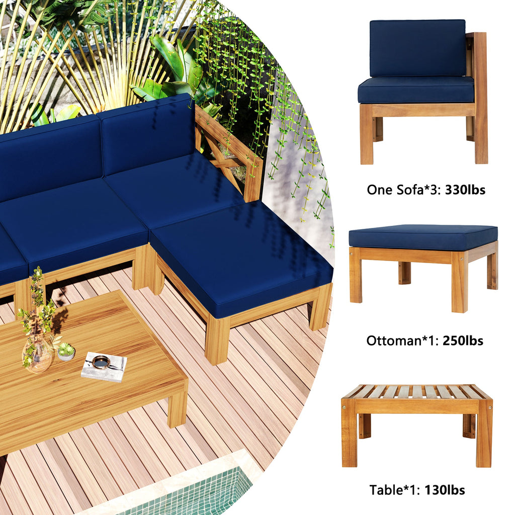 Outdoor Patio Sectional Set Acacia Wood Natural Blue Cushions 5 Piece