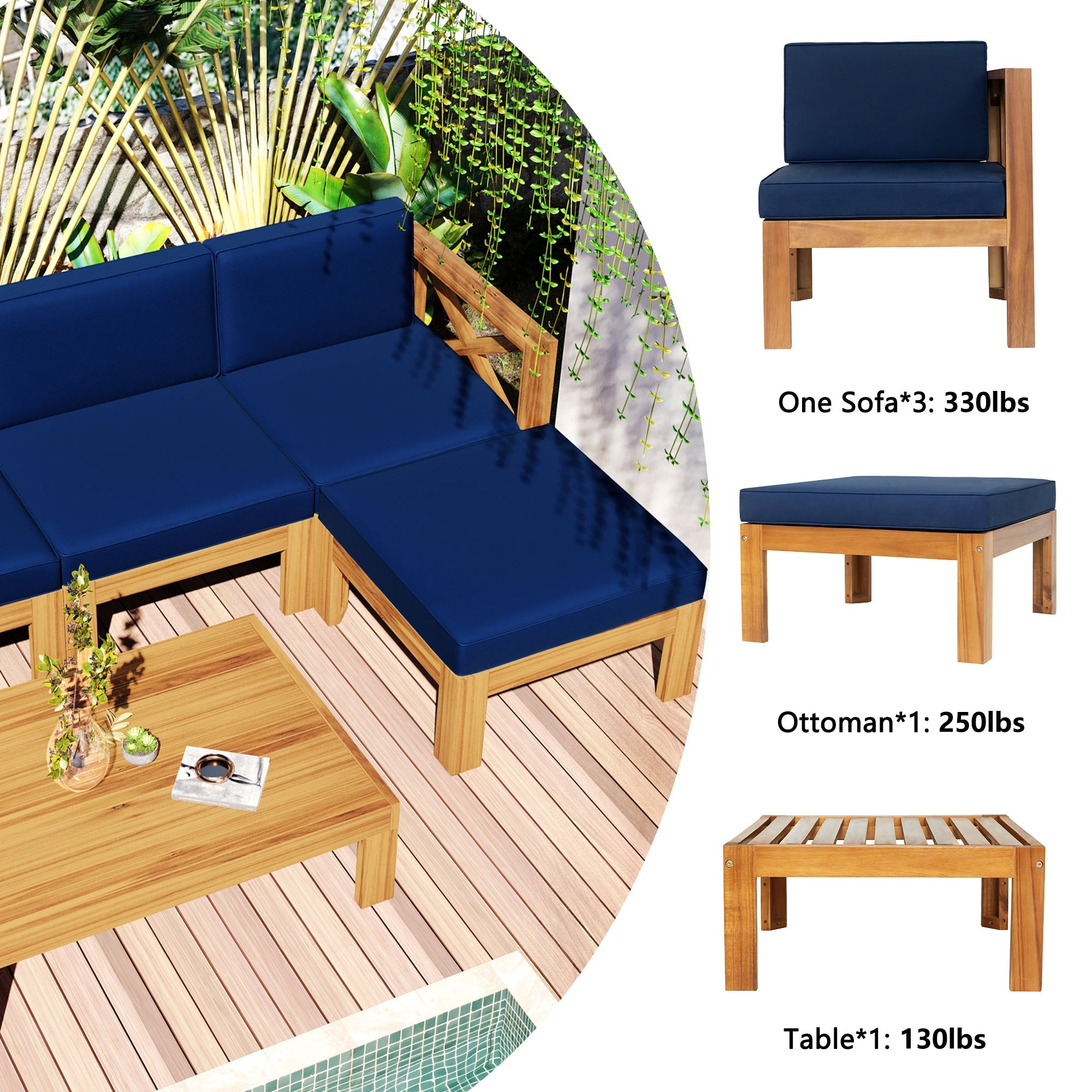 Outdoor Patio Sectional Set Acacia Wood Natural Blue Cushions 5 Piece