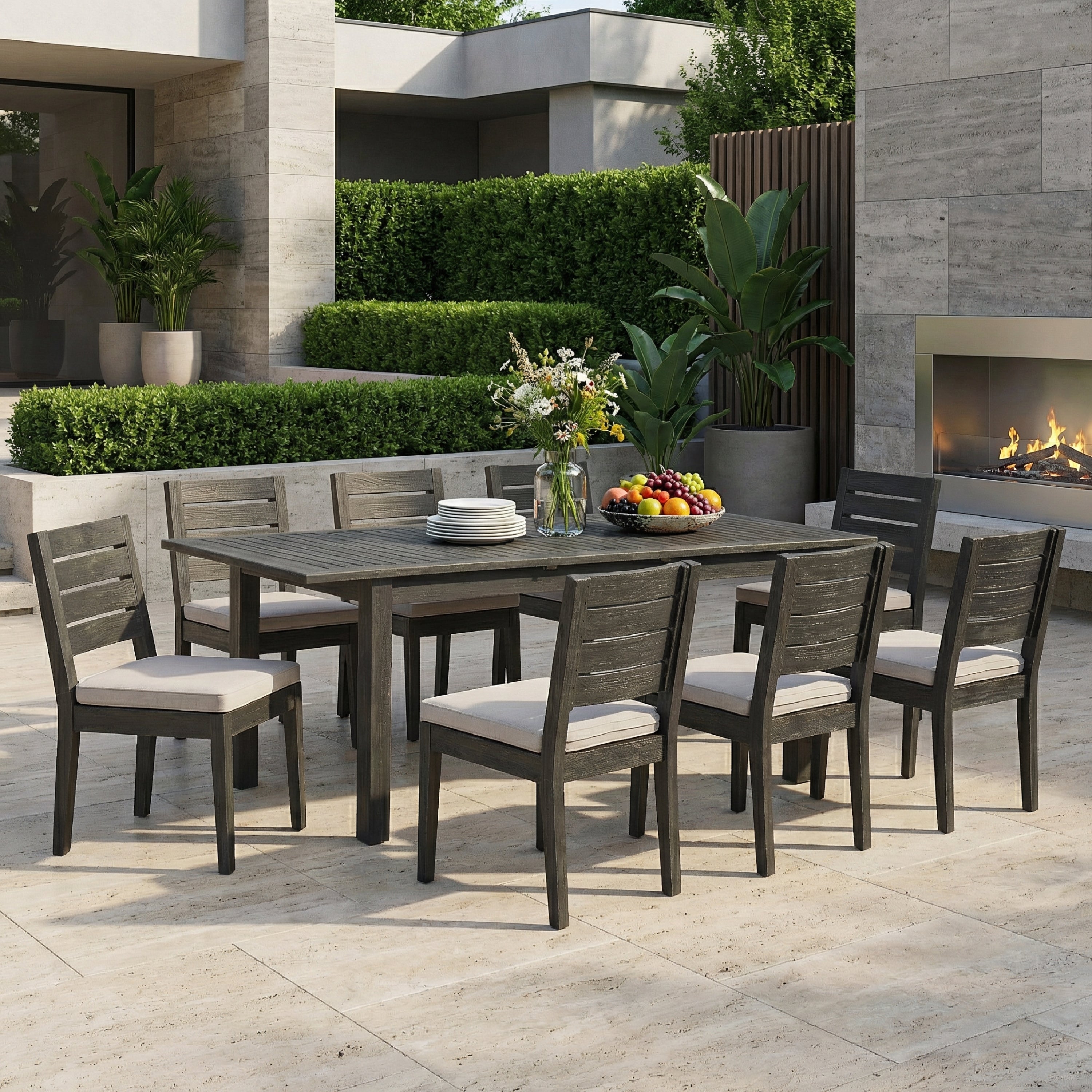Outdoor Dining Set Acacia Wood Extendable Umbrella Hole 9 Piece Seats 8