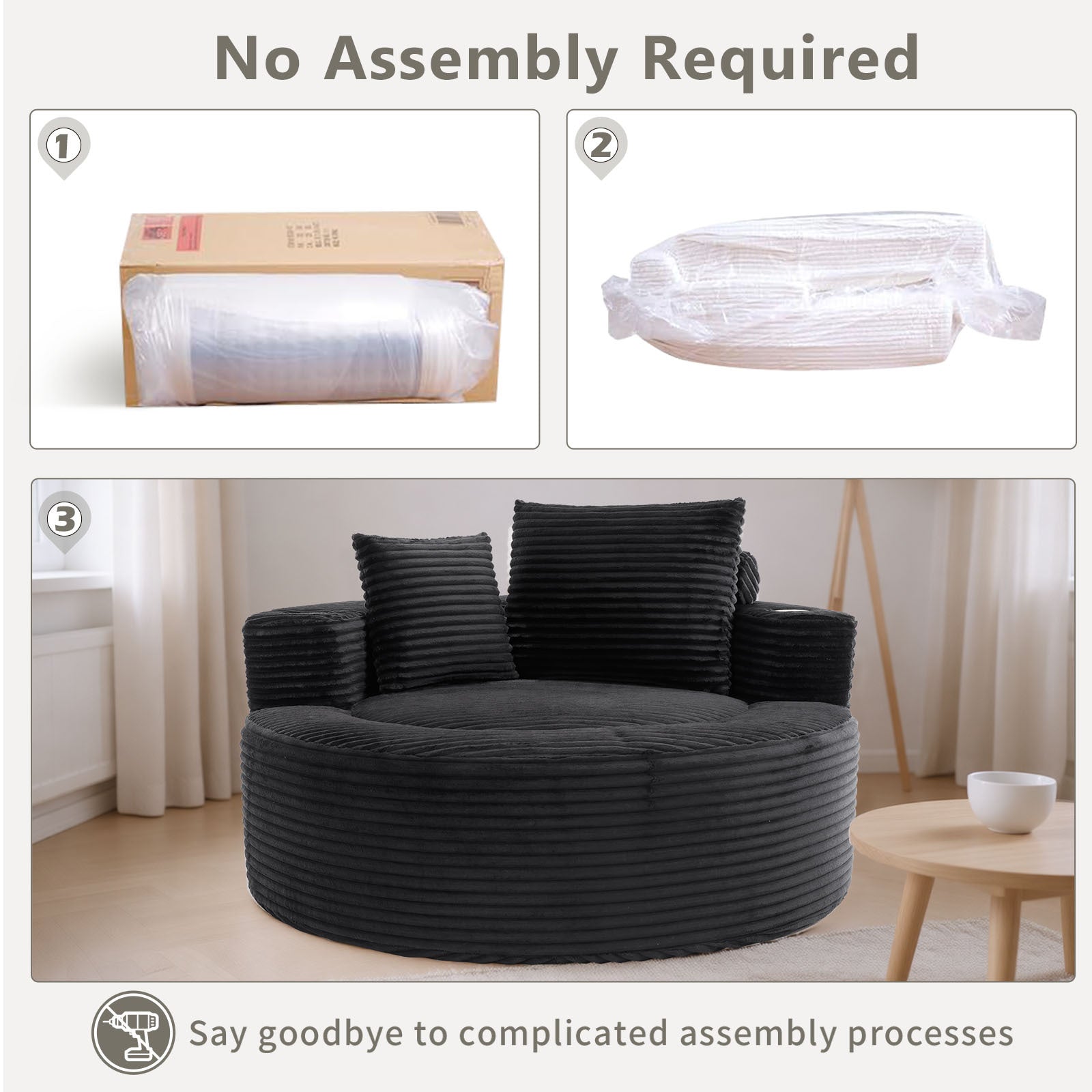 55" Round Memory Foam Velvet Sofa Bed with Cup Holder