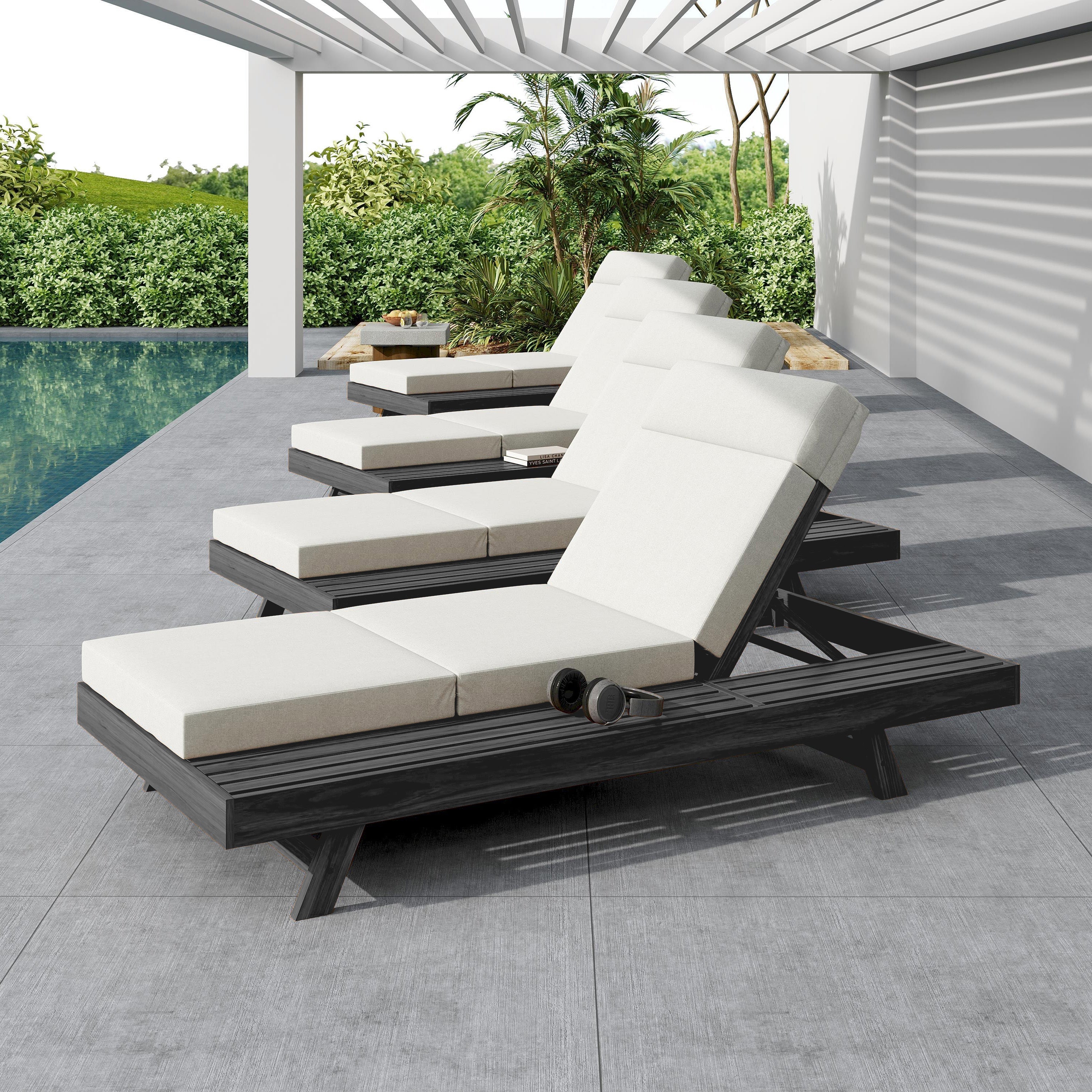 Chaise Lounge Acacia Wood Black 4-Position Cream Cushion 79in