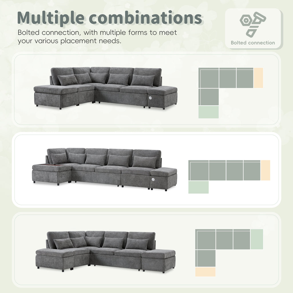Sofa Bed L-Shape Chenille Gray 6 Seat Pull-Out USB Ports 107 In
