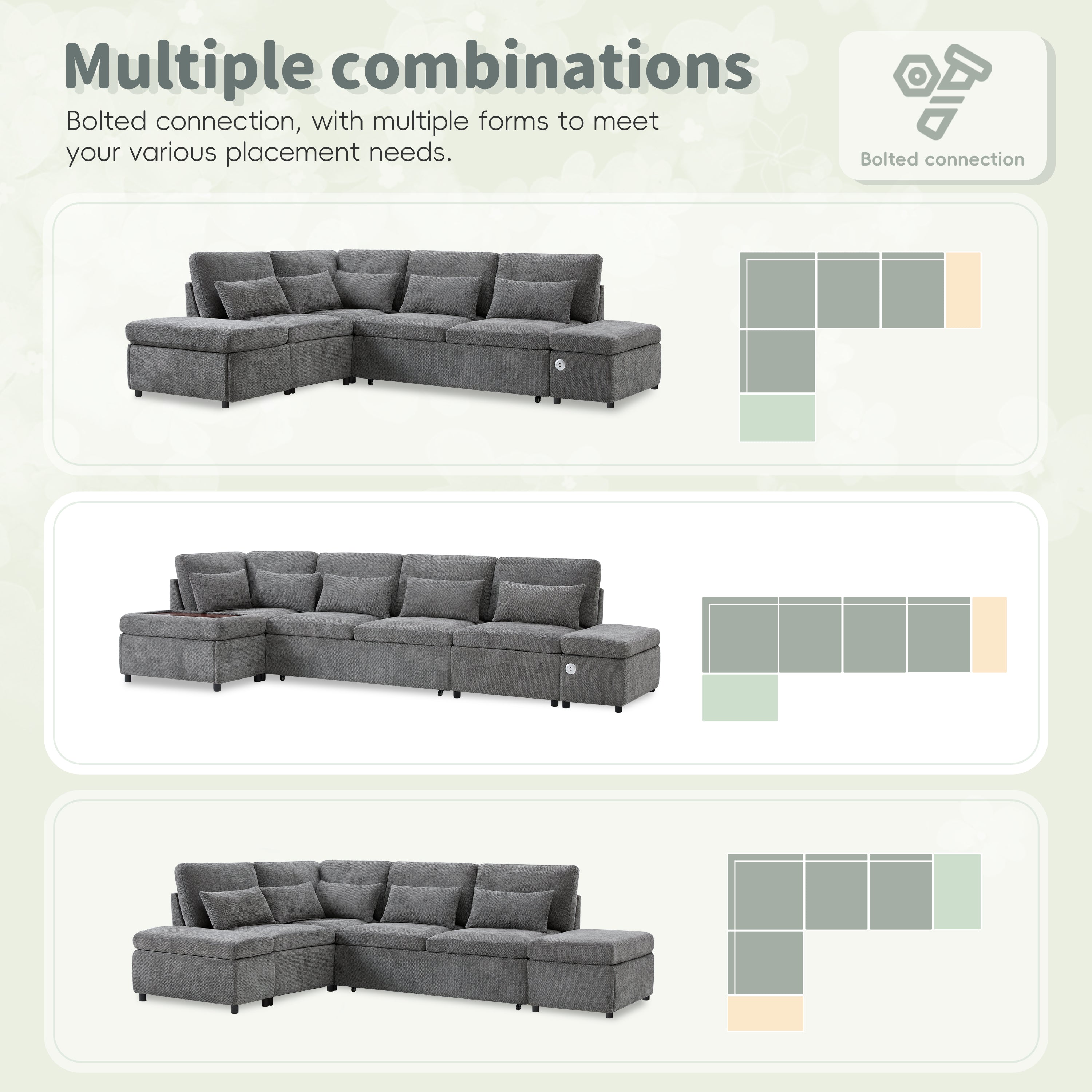 Sofa Bed L-Shape Chenille Gray 6 Seat Pull-Out USB Ports 107 In