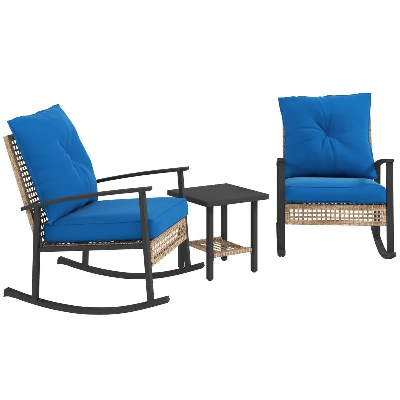 Outdoor Rocking Chair Set PE Rattan Steel Blue 3 Piece