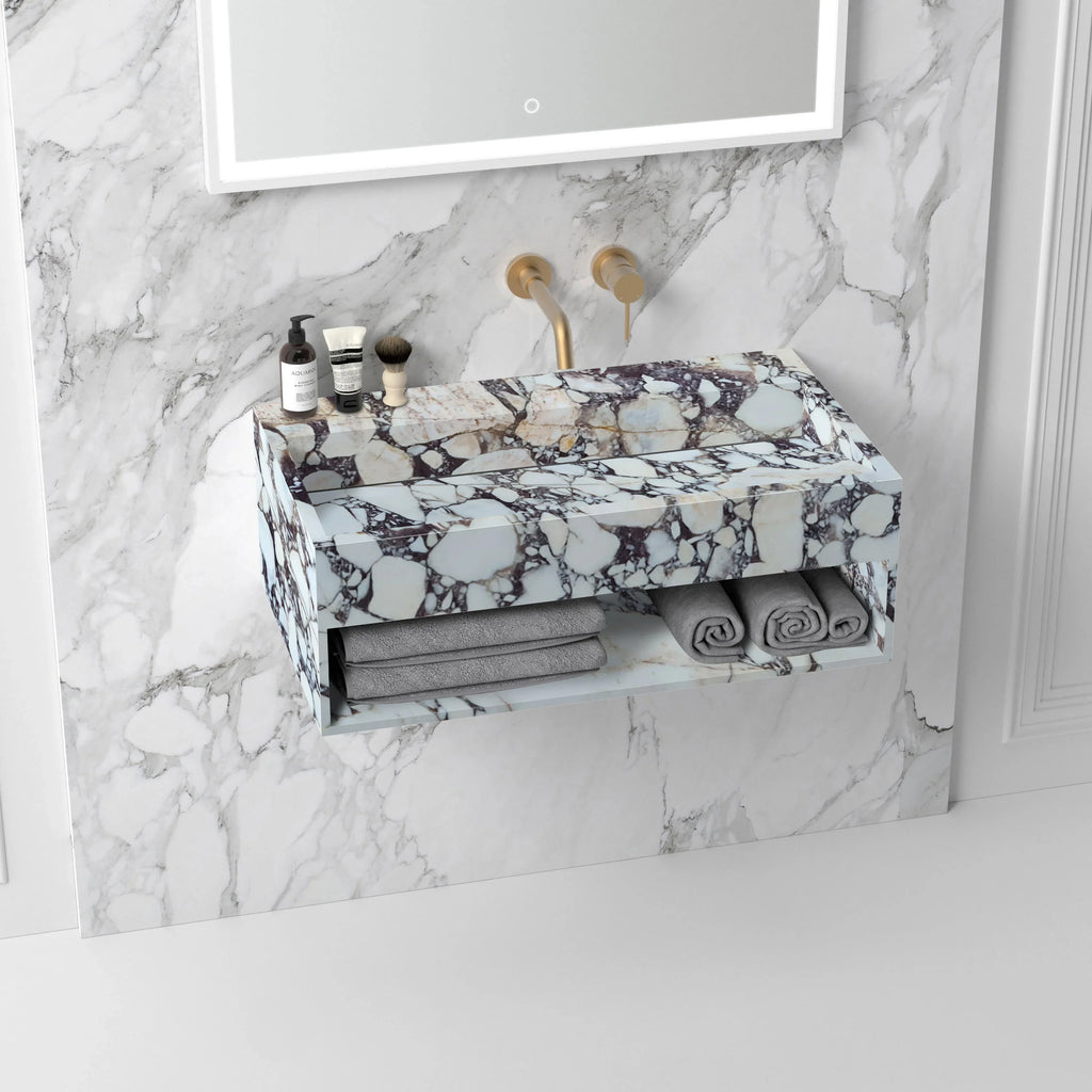 Calacatta Viola Marble Wall Mount Bathroom Sink 40 Inch - Hidden Drain With Storage