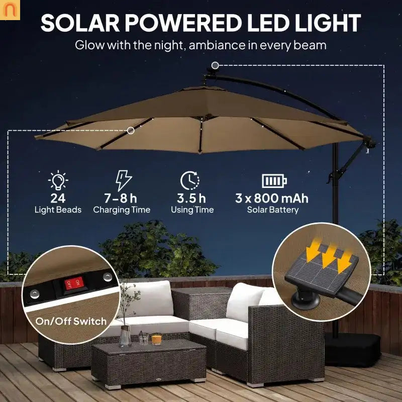 Patio Umbrella Cantilever Offset 9.7" Tan Solar LED