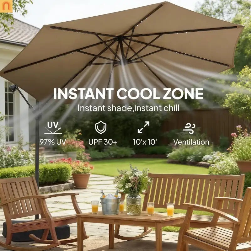 Patio Umbrella Cantilever Offset 9.7" Tan Solar LED