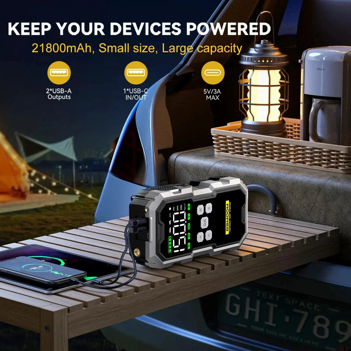 MANDOTOS Car Jump Starter Pro With Air Compressor 6000A 21800mAh LCD Display Portable Booster Charger