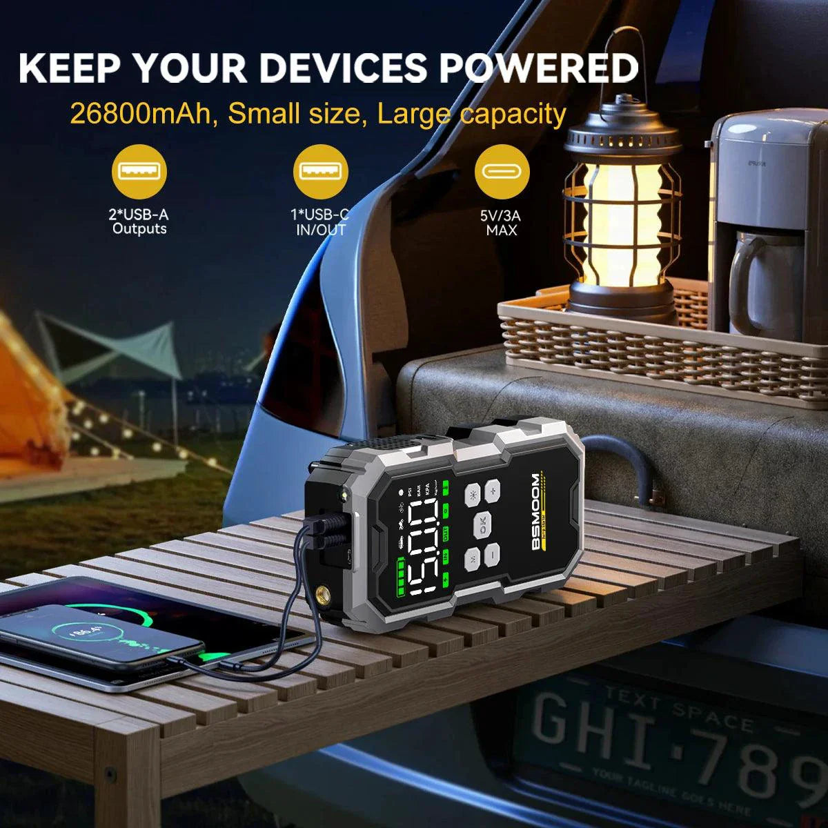 MANDOTOS Car Jump Starter Pro With Air Compressor 6000A 21800mAh LCD Display Portable Booster Charger