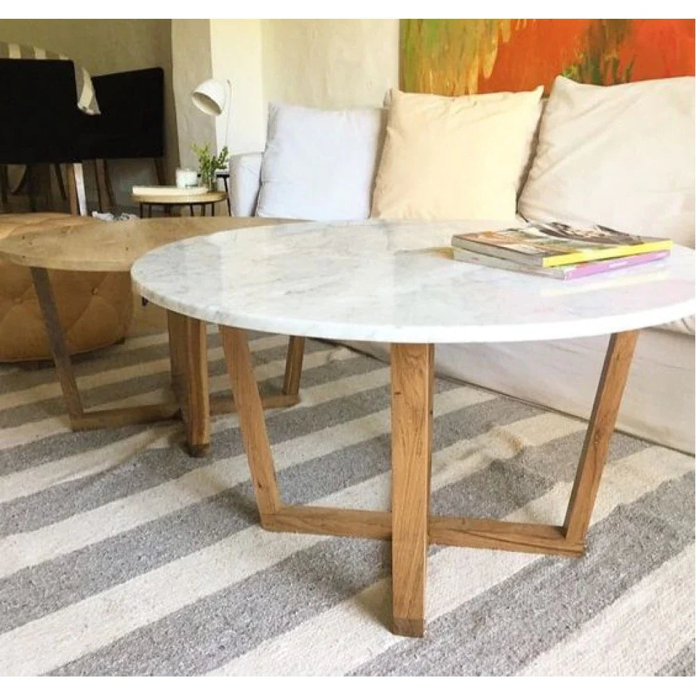 Carrara White Marble Coffee Table Round Shape with Polished Finish and Eased Edges
