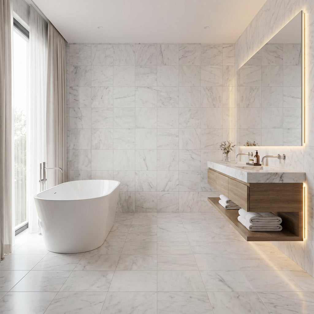White Carrara Marble Tile with Soft Gray Veining - Polished Finish