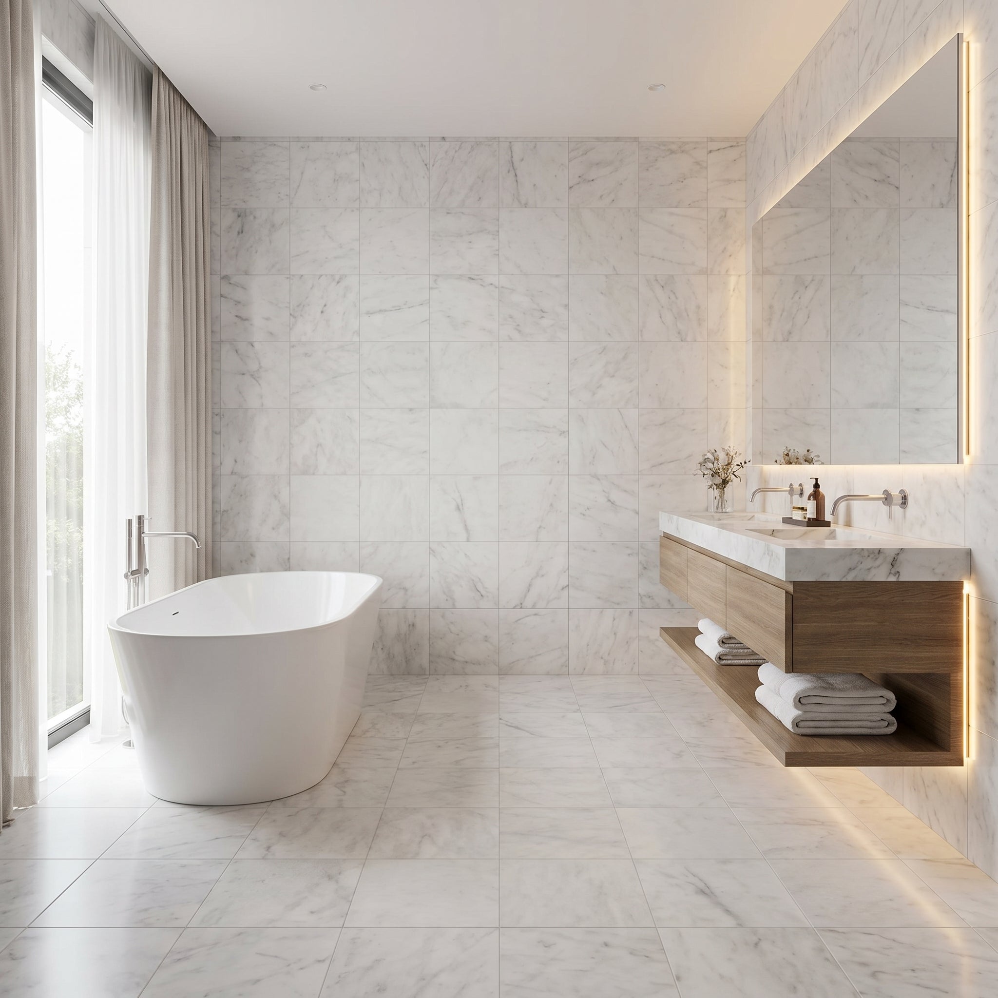 White Carrara Marble Tile with Soft Gray Veining - Polished Finish