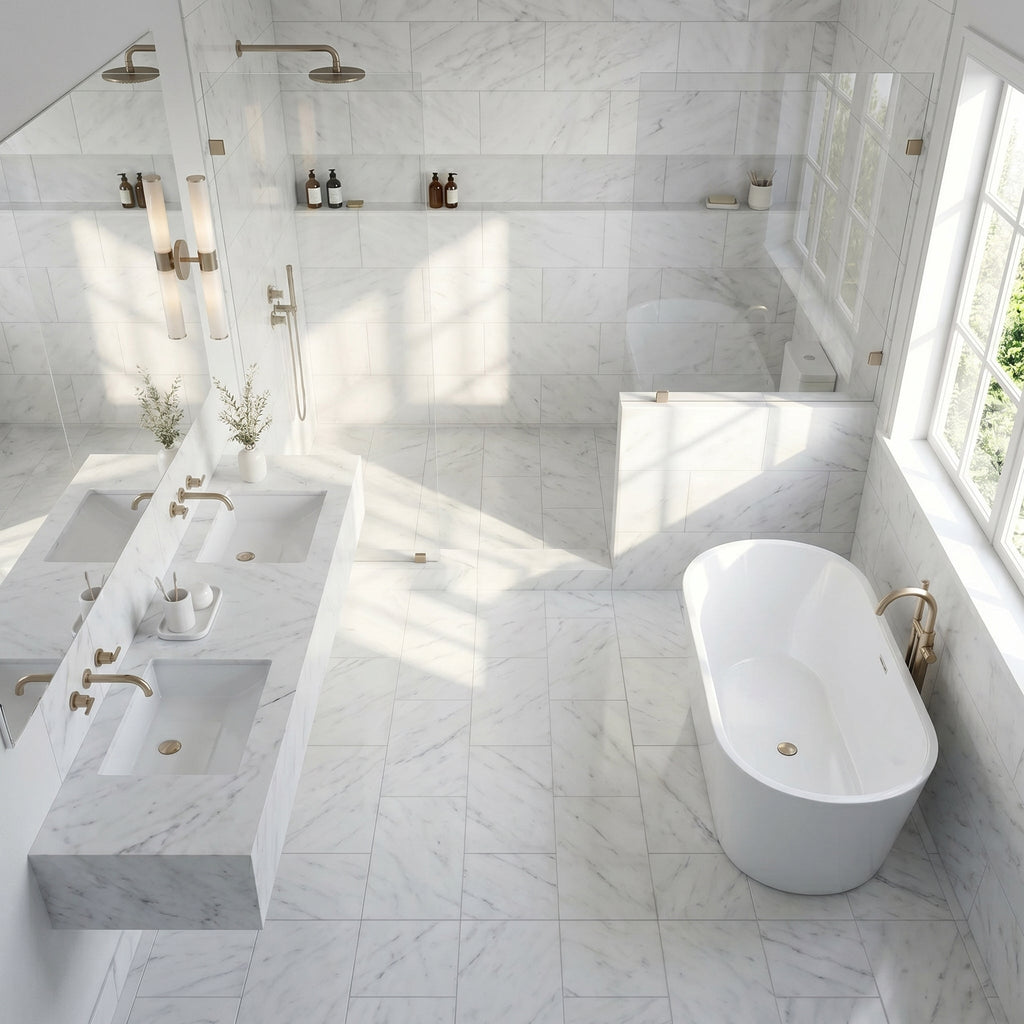 White Carrara Marble Tile with Soft Gray Veining - Polished Finish