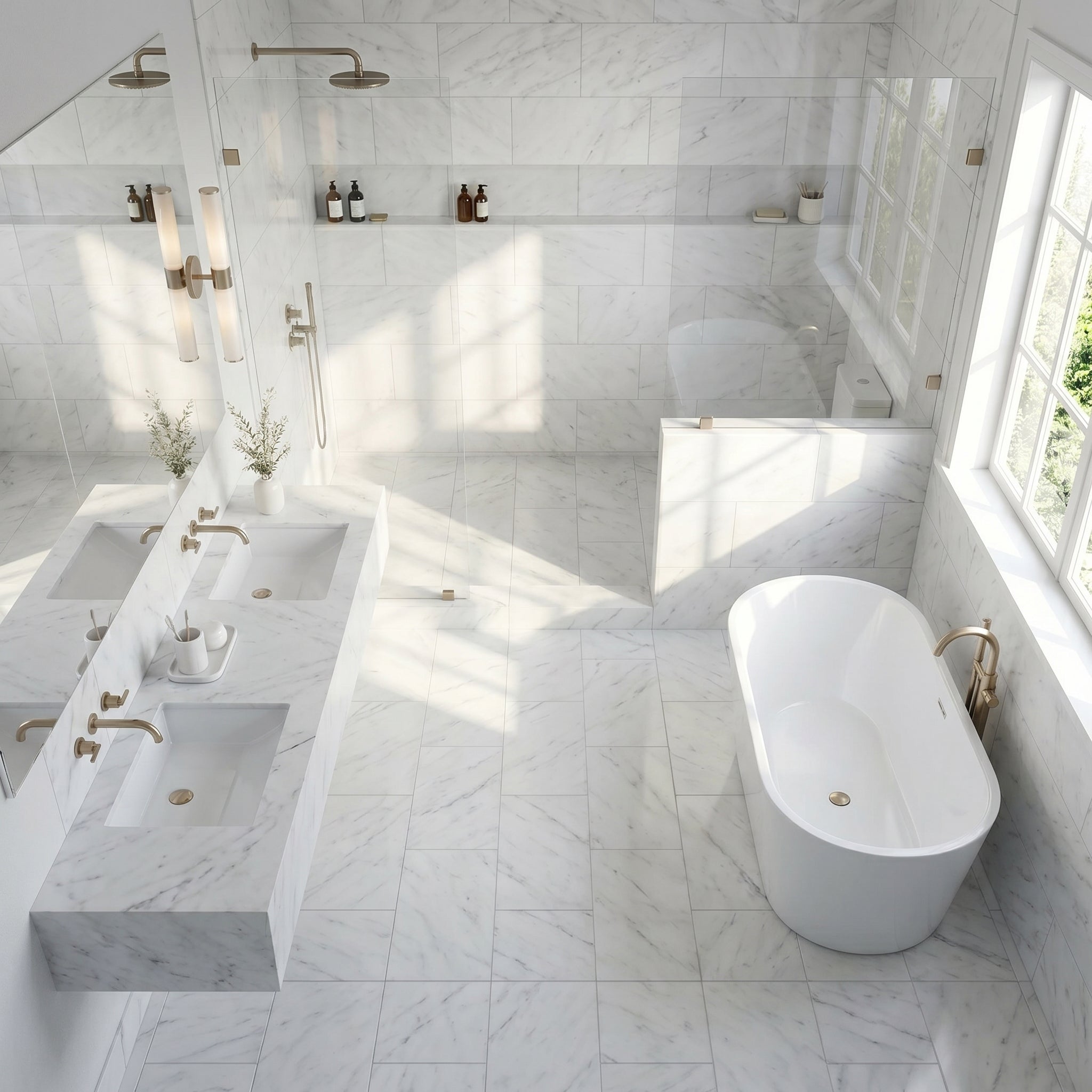 White Carrara Marble Tile with Soft Gray Veining - Polished Finish