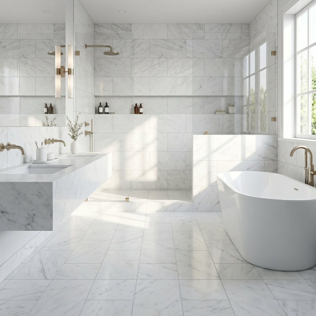 White Carrara Marble Tile with Soft Gray Veining - Polished Finish