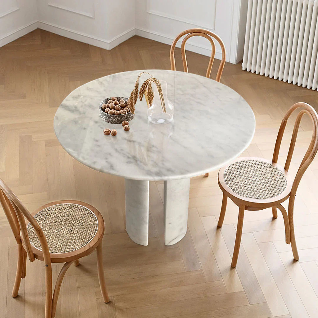 Carrara White Marble Round Dining Table with Marble Legs Polished 48 Inch Diameter