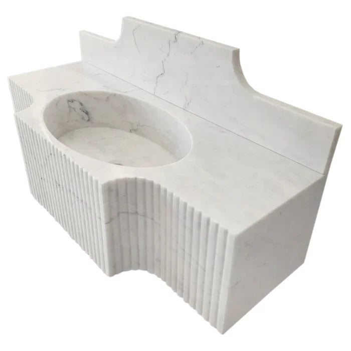 Carrara White Marble Polished Wall Mount Bathroom Sink 48 Inch with 10 Inch Backsplash