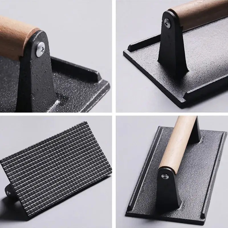 DecorBites™ Cast Iron Steak Press Plate with Wooden Handle - Rectangular Meat Press Tool