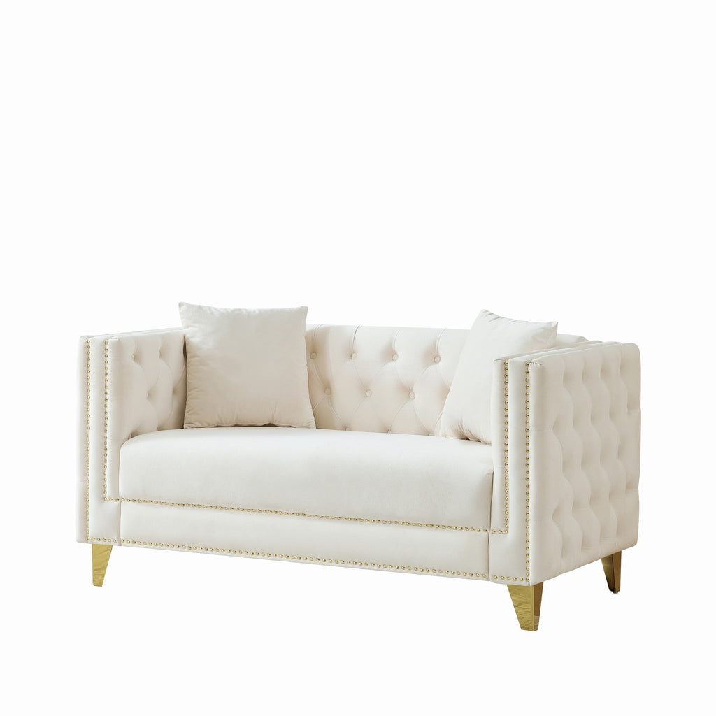 Loveseat Chesterfield Velvet Beige Button Tufted Nailhead Pine Frame 58.6 In