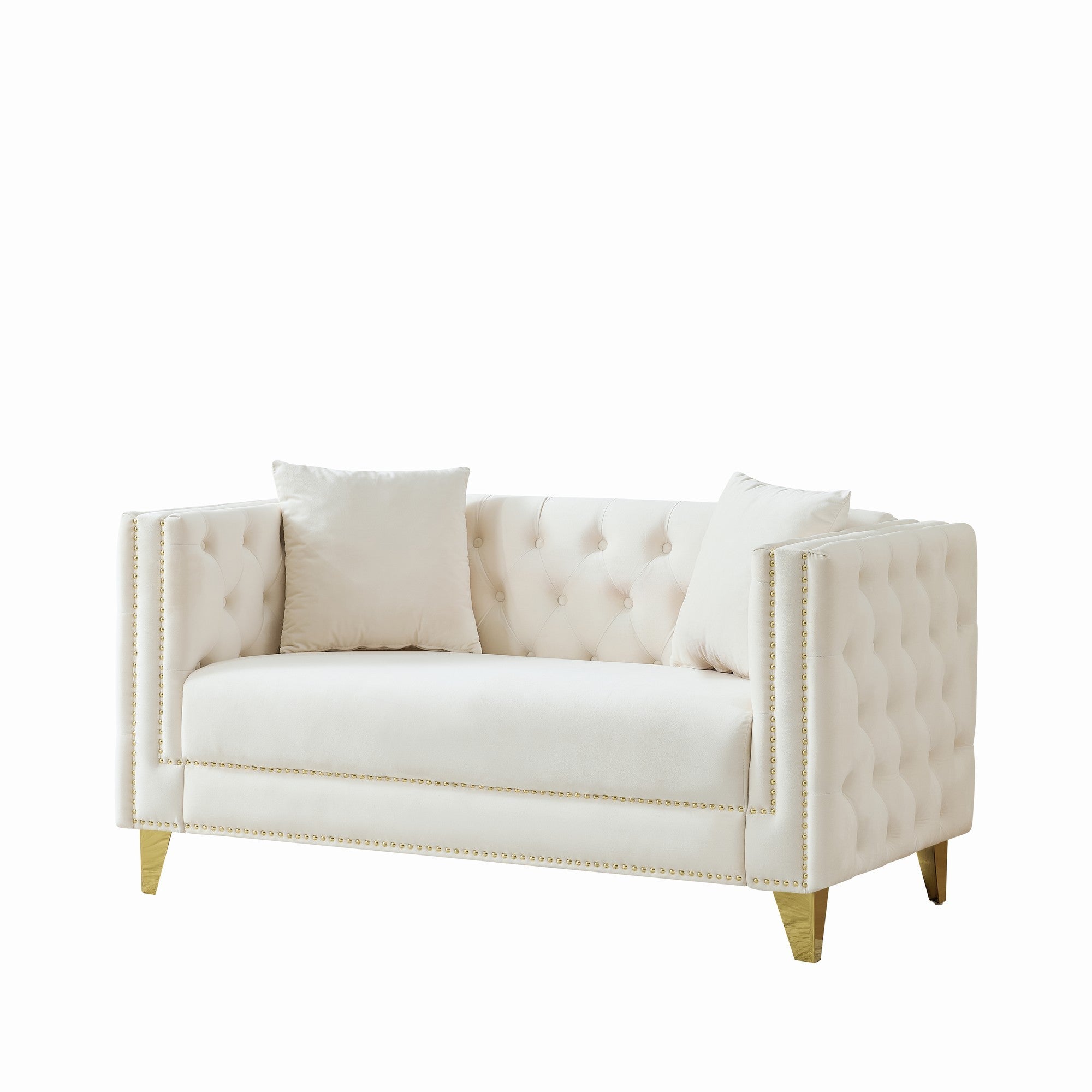 Loveseat Chesterfield Velvet Beige Button Tufted Nailhead Pine Frame 58.6 In