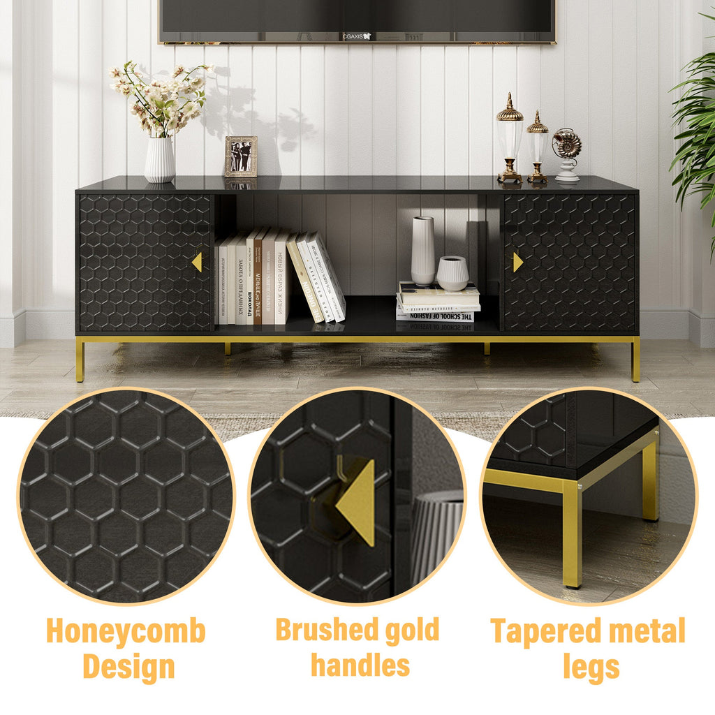 TV Stand Fireplace Space MDF Black Honeycomb Door Gold Legs 80 LB 70 In
