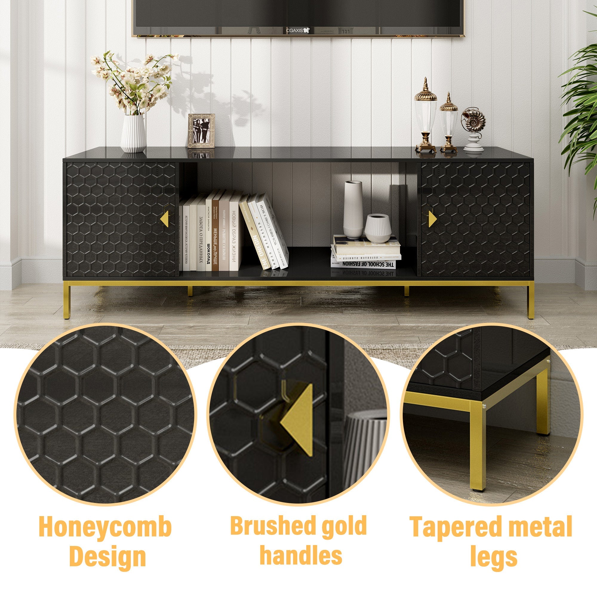 TV Stand Fireplace Space MDF Black Honeycomb Door Gold Legs 80 LB 70 In