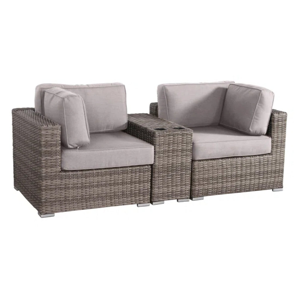Outdoor Loveseat Set Gray Wicker 3 Piece Cupholder