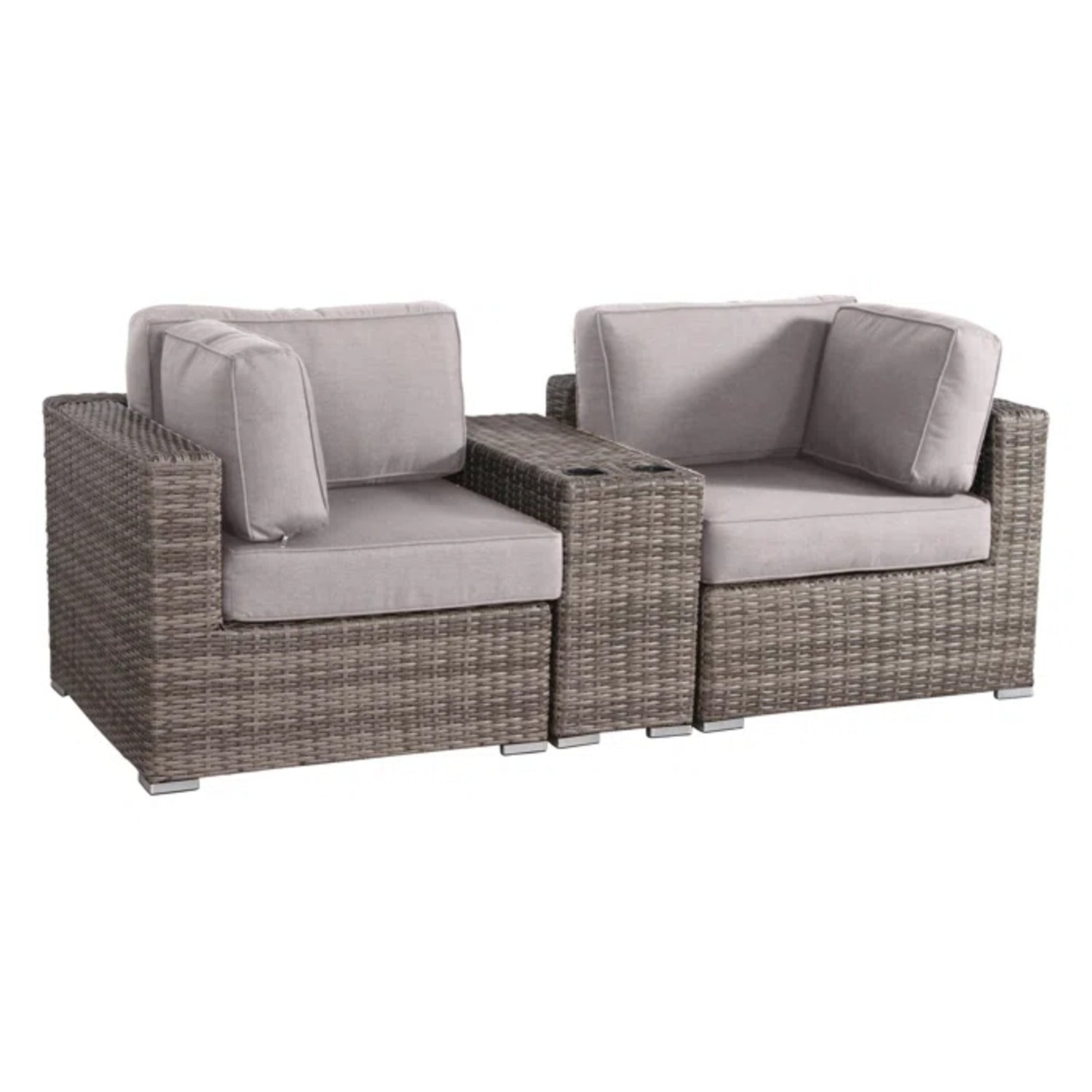 Outdoor Loveseat Set Gray Wicker 3 Piece Cupholder