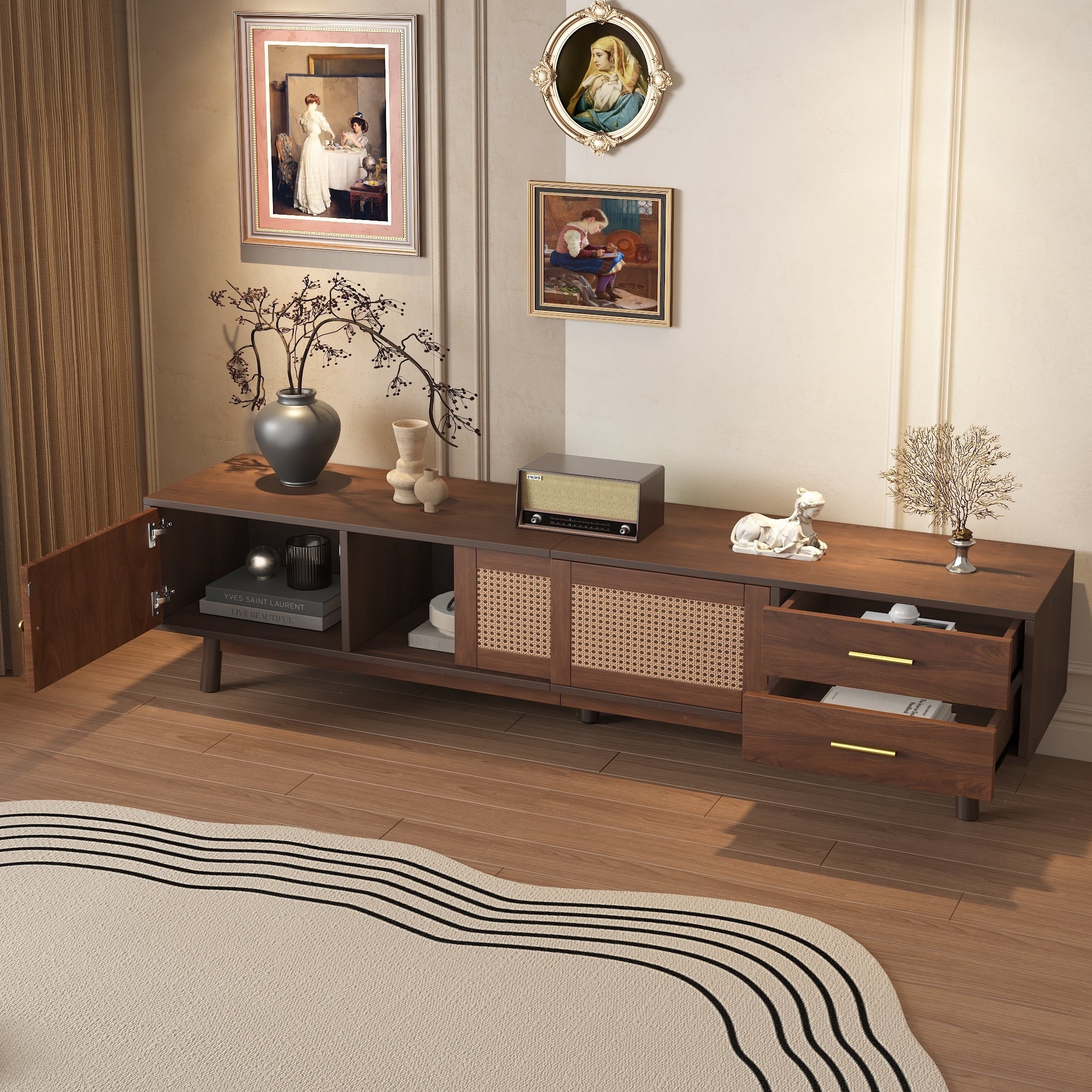 TV Stand Mid-Century Dark Brown Solid Wood Rattan Sliding Door Fits 80 In TV