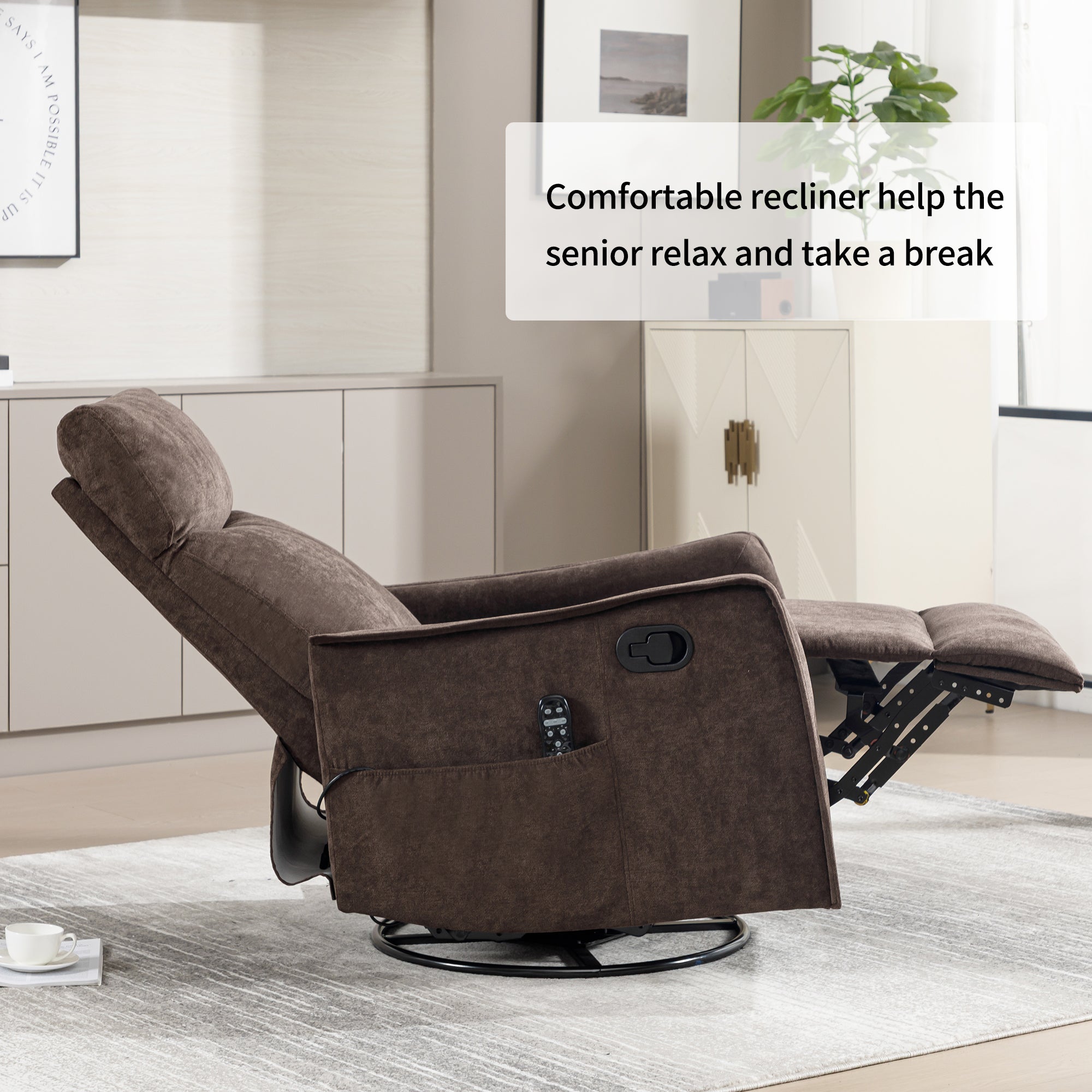 Recliner Chair Swivel Rocker Polyester Brown 360 Degree Heat Massage 155