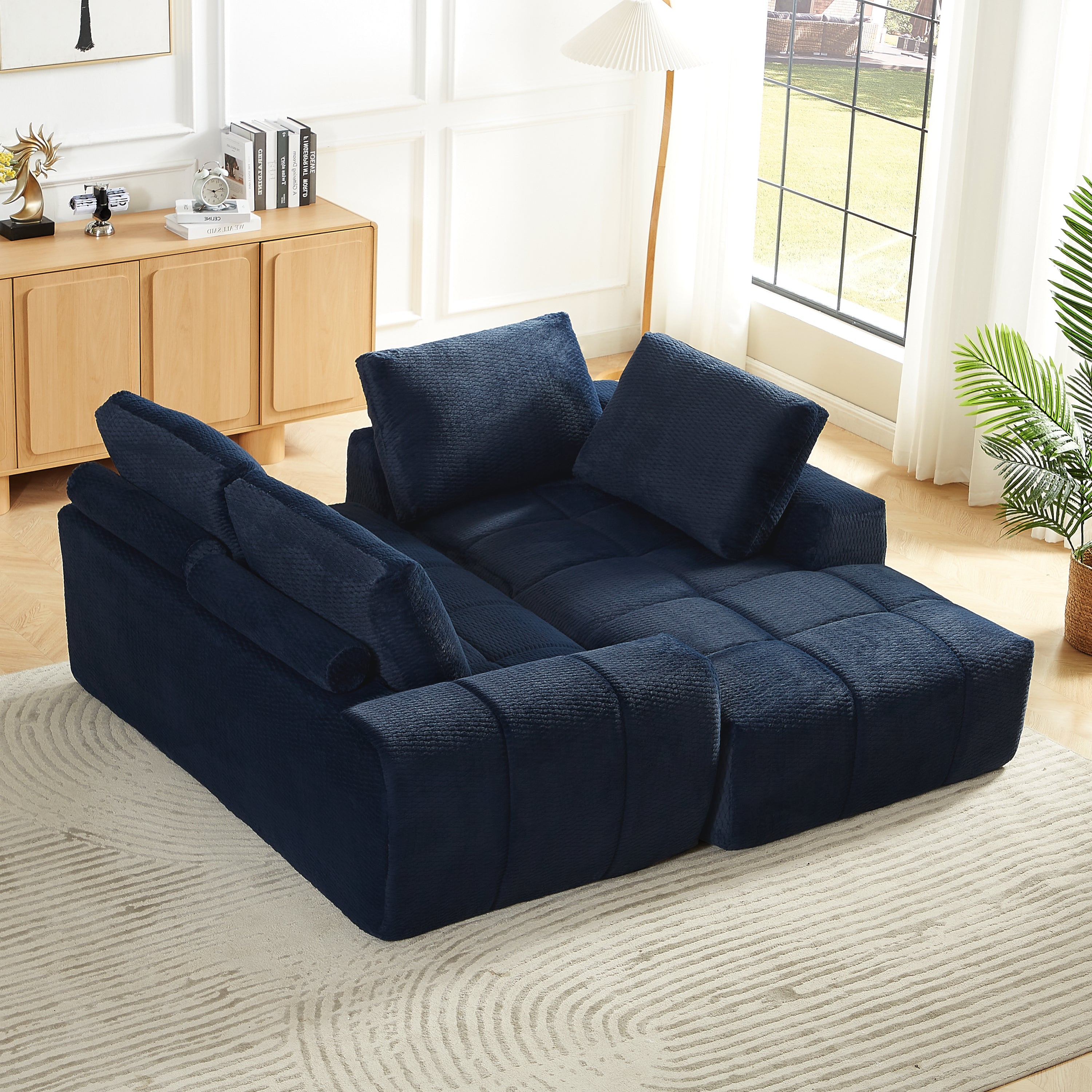 Sectional Sofa L-Shape Faux Fur Dark Blue 4 Seat Sleeper No Assembly
