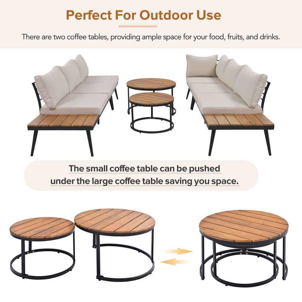 Outdoor Sectional Set Acacia Wood Steel Beige Cushion 6 Piece Seats 5