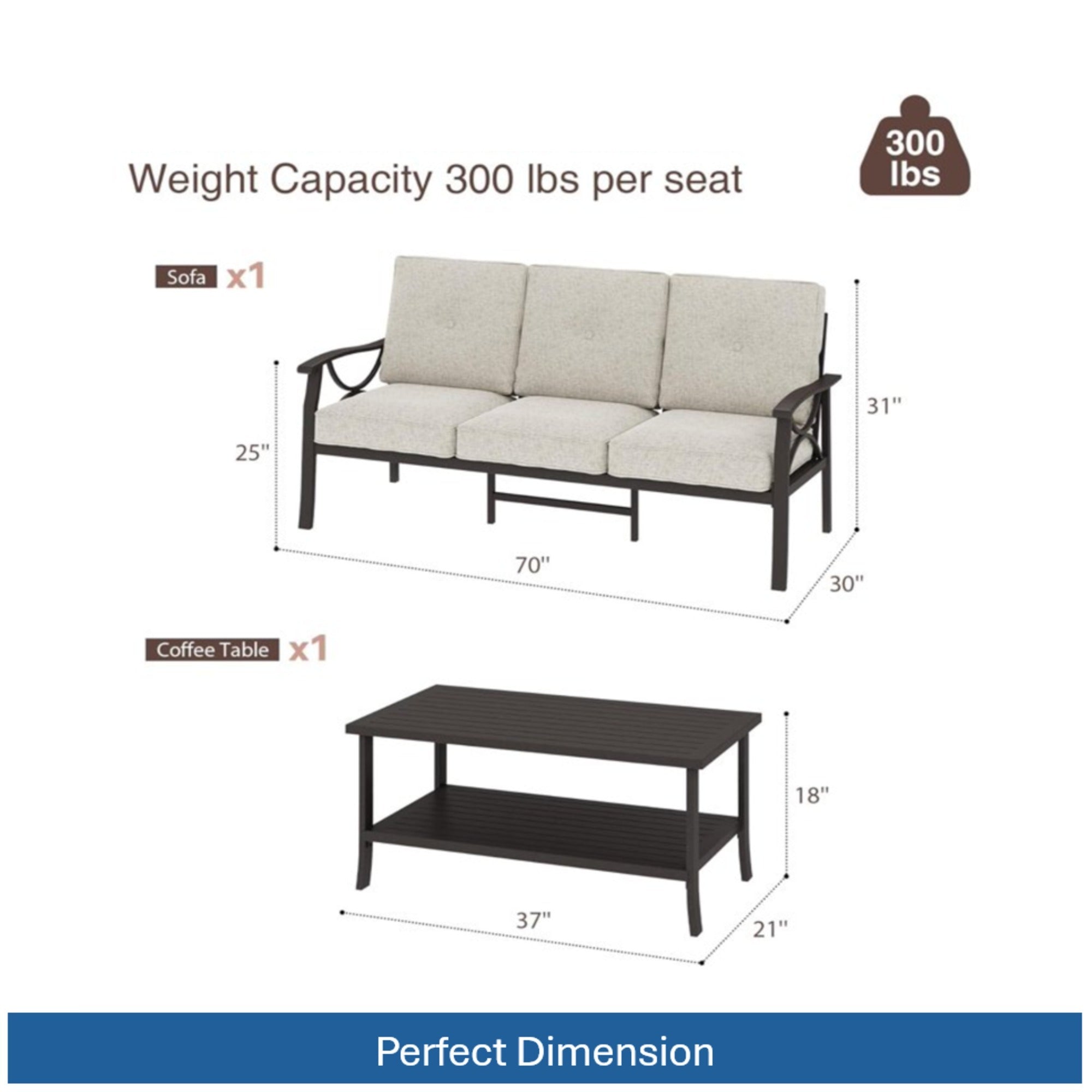 Outdoor Patio Set Steel Khaki Beige Cushion 2 Piece 70in Sofa