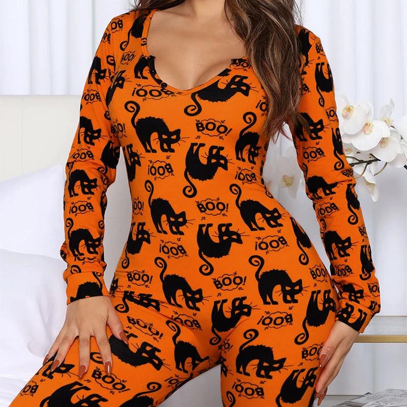 Halloween Printed Jumpsuit - Long Sleeve Home Pajamas