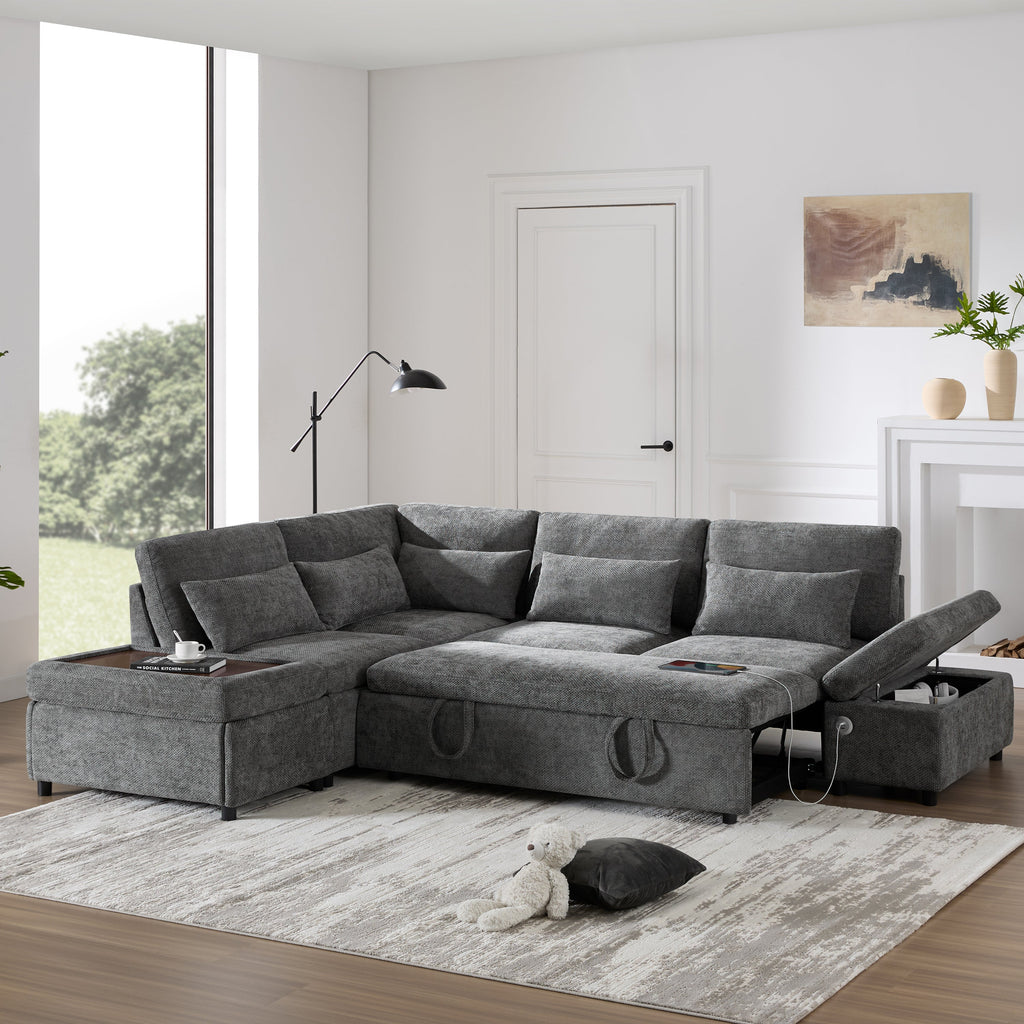 Sofa Bed L-Shape Chenille Gray 6 Seat Pull-Out USB Ports 107 In