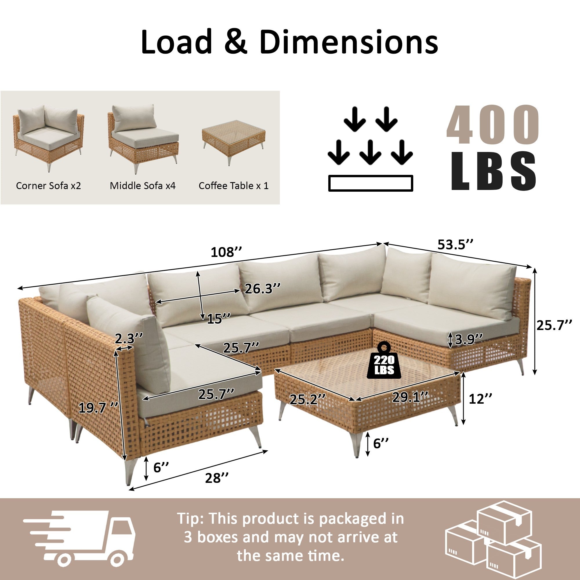 Outdoor Patio Sectional Set Rattan Metal Beige 7 Piece Tempered Glass