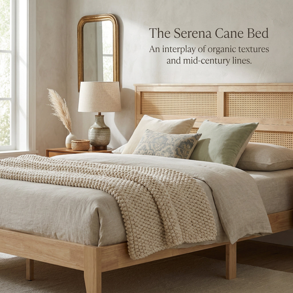 King Size Solid Wood Bed with Rattan Headboard, Rubber Wood Bed with Central