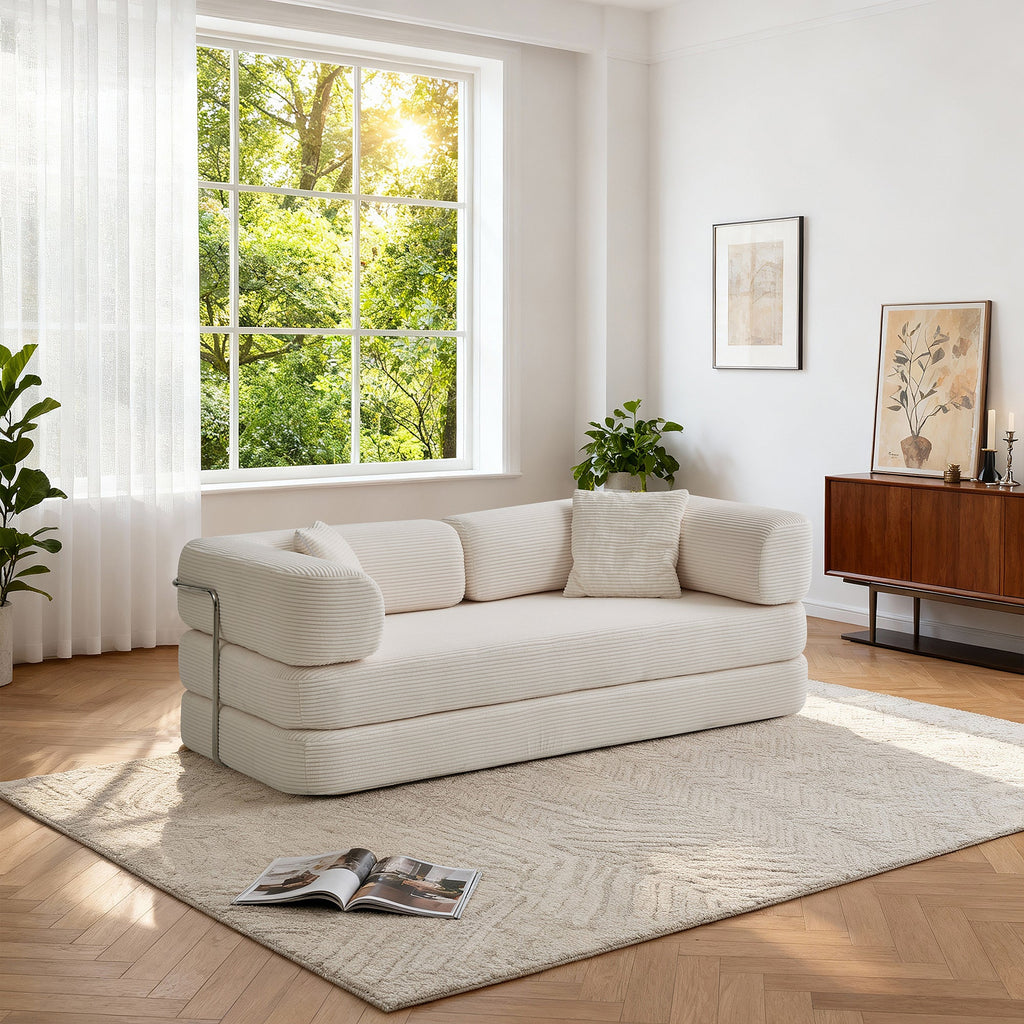 Sofa Floor Low Profile 5-in-1 Corduroy Cream Sleeper with Blanket 74.8 In