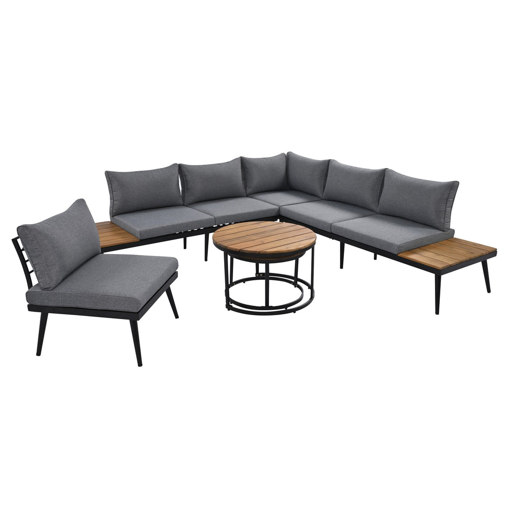 Outdoor Sectional Set Acacia Wood Steel Gray with Nesting Tables