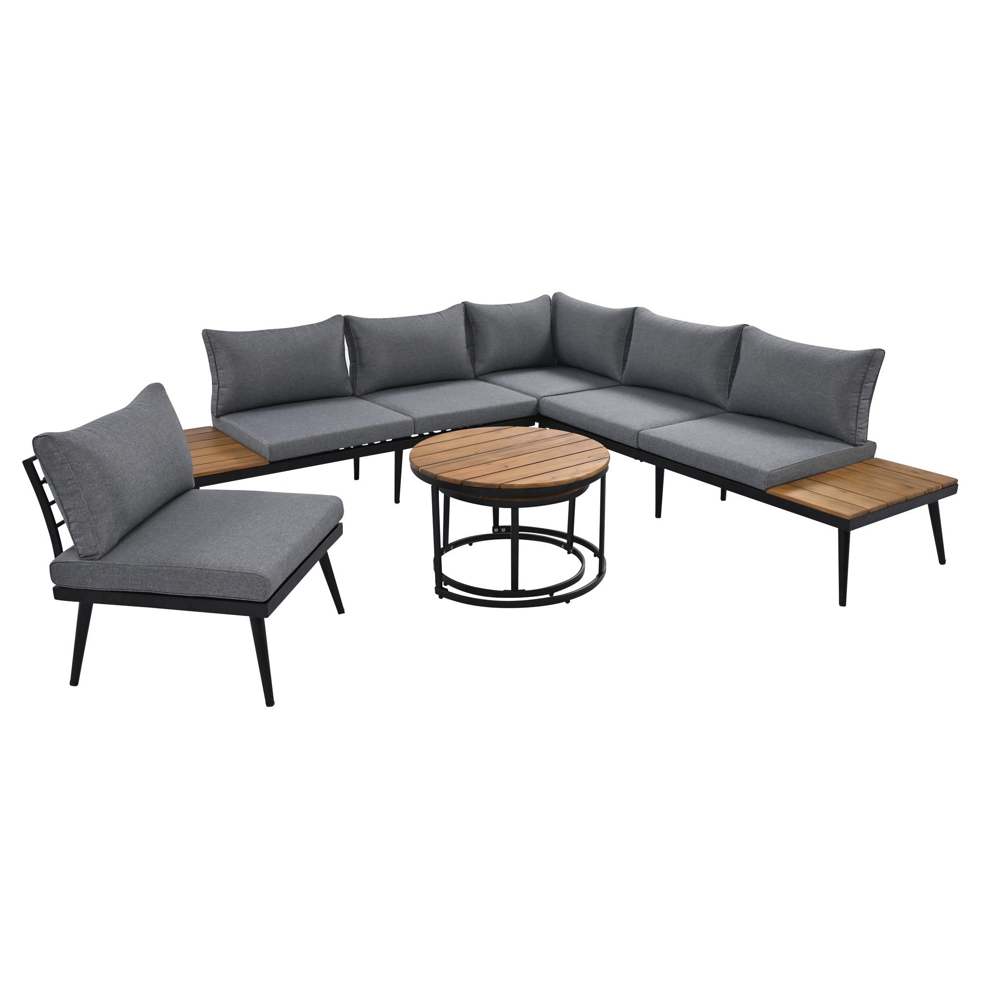 Outdoor Sectional Set Acacia Wood Steel Gray with Nesting Tables
