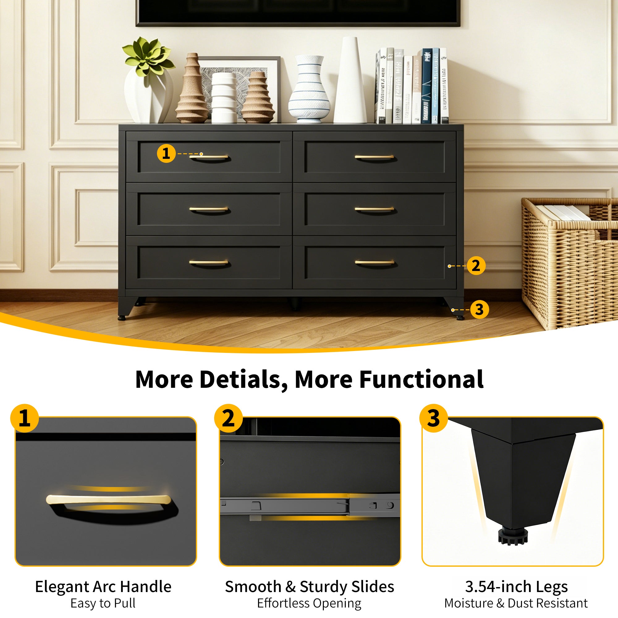 Dresser 6-Drawer Black Steel Smooth-Glide Powder Coat 47.3x15.8x30 In