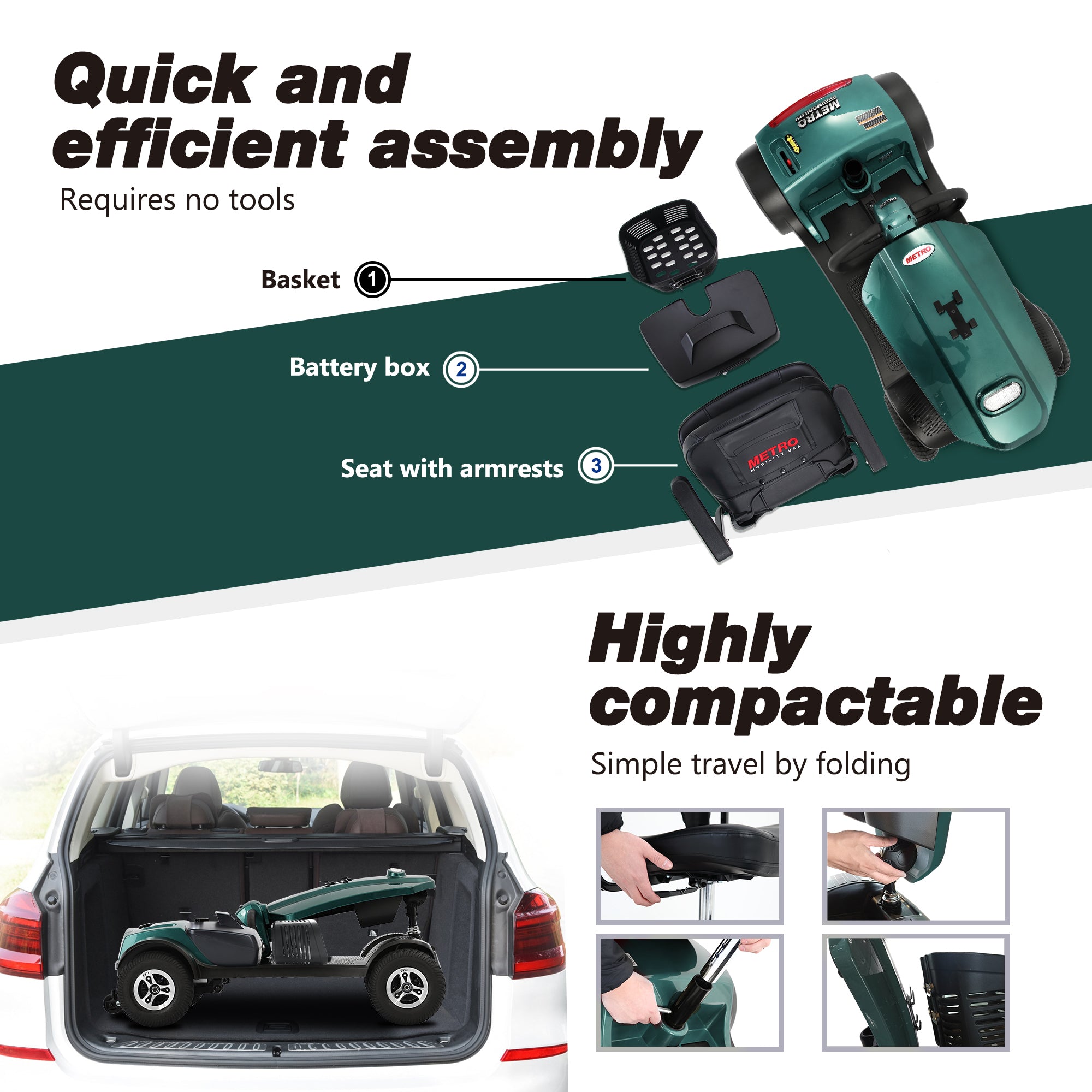 Mobility Scooter 4-Wheel Metal Emerald 16 Mile Range USB Charger 300W